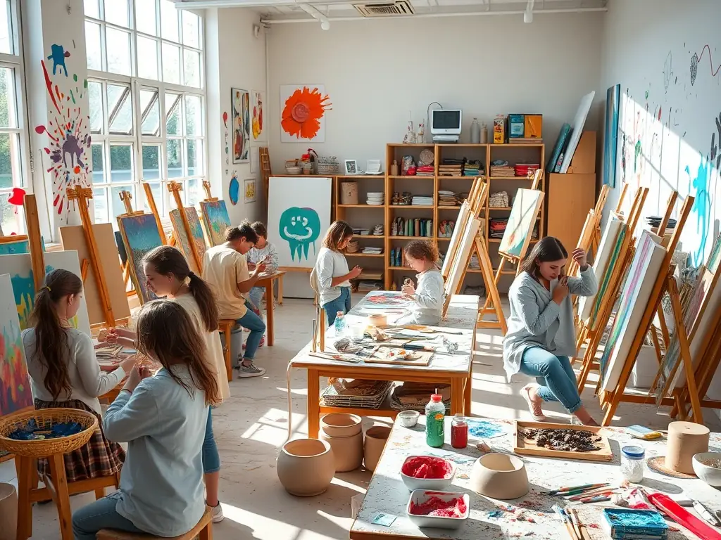 Image d’un groupe de jeunes en atelier de peinture, concentrés sur leurs œuvres, accompagnés d’un animateur artistique dans une salle lumineuse et colorée.