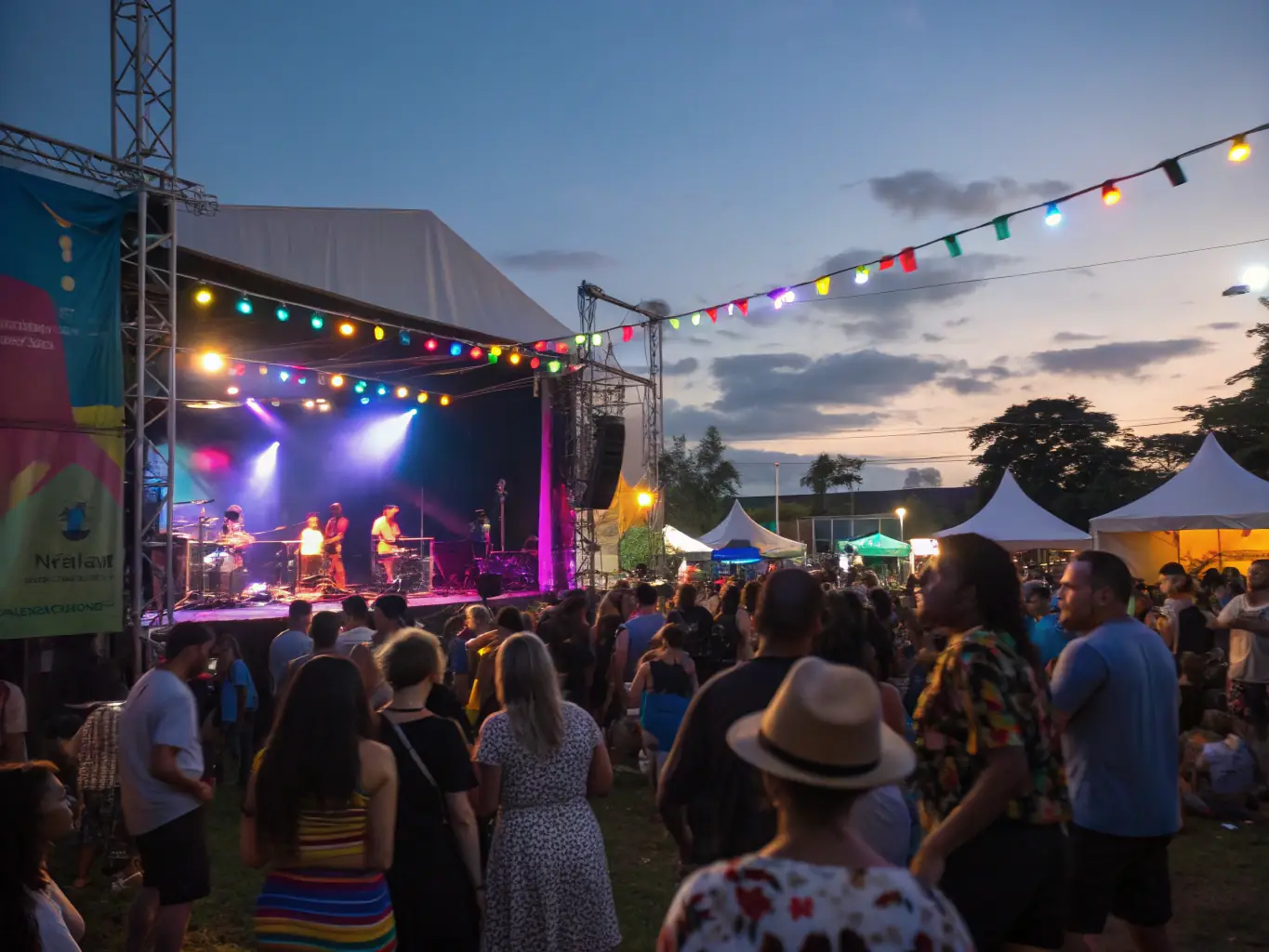 Photographie d’une scène de spectacle vivant en plein air à Vierzon, avec des artistes locaux sur scène, un public familial attentif et une ambiance festive en soirée.