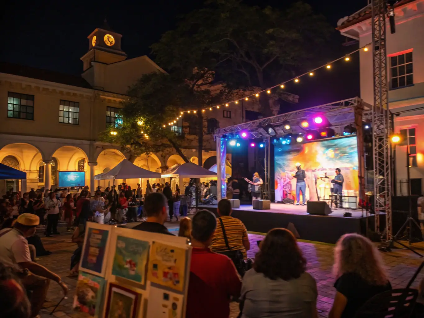 Photo d’une place animée lors du Festival des Arts de Vierzon, avec des stands d’artisans, des expositions en plein air et des familles profitant des animations.