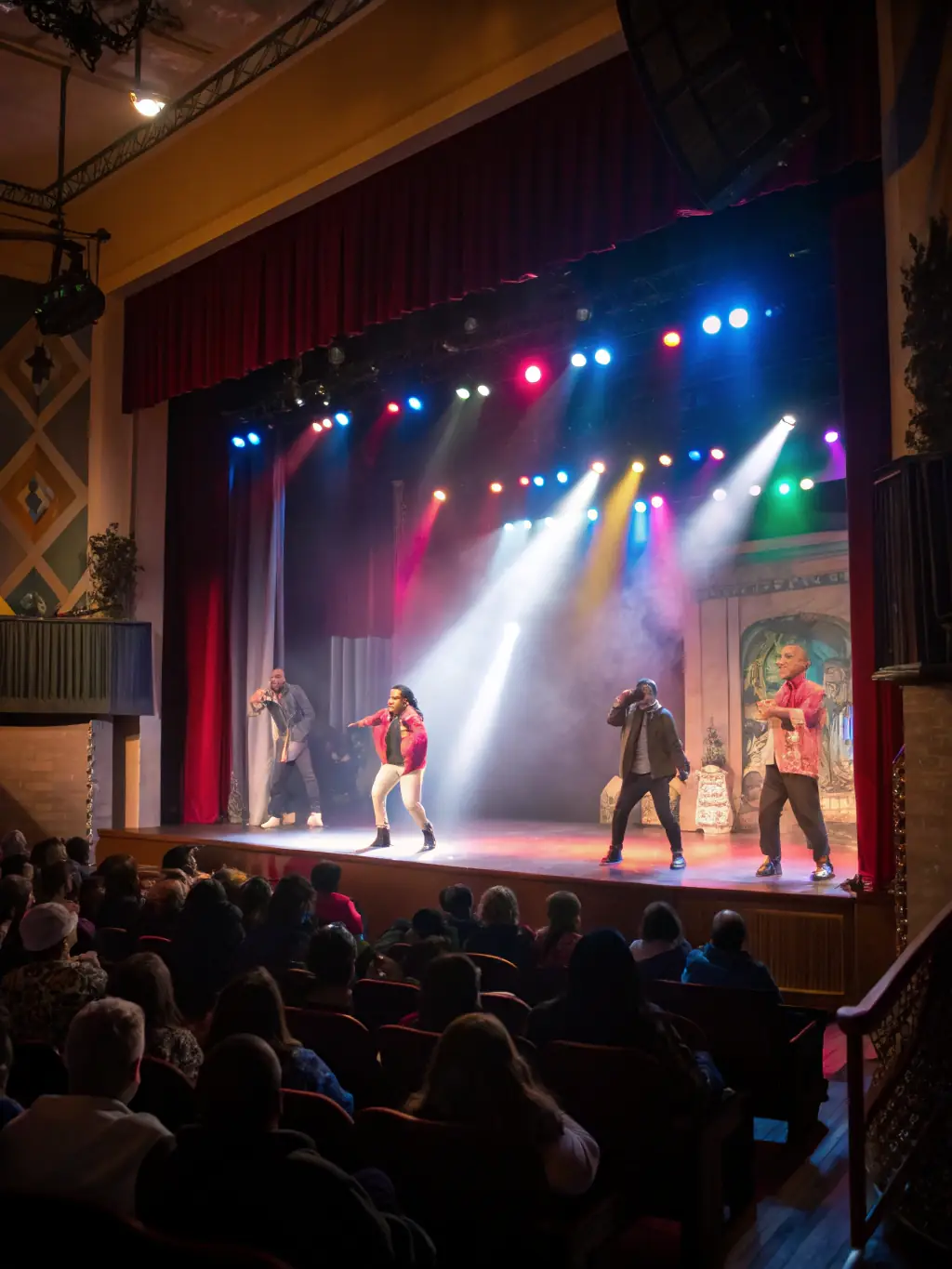 Image d’une scène de théâtre locale avec des comédiens amateurs en pleine représentation, devant un public attentif, dans une salle de spectacle chaleureuse.
