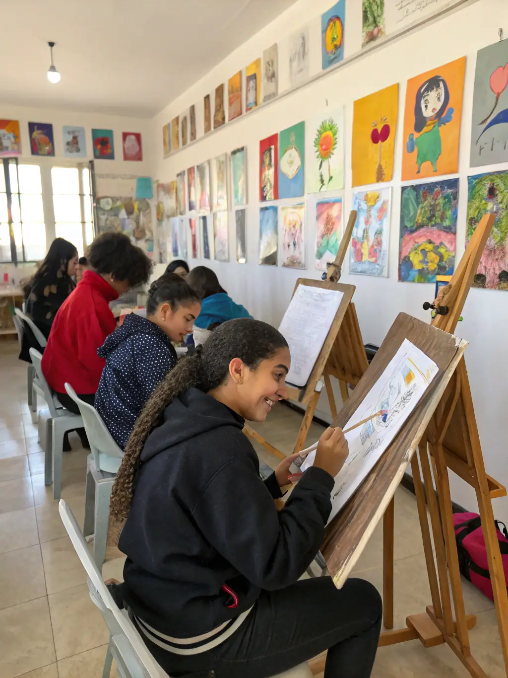 Photographie d’un groupe d’enfants et d’adolescents en pleine création artistique lors d’un atelier peinture, entourés de toiles colorées et de pinceaux, dans une salle lumineuse et conviviale.